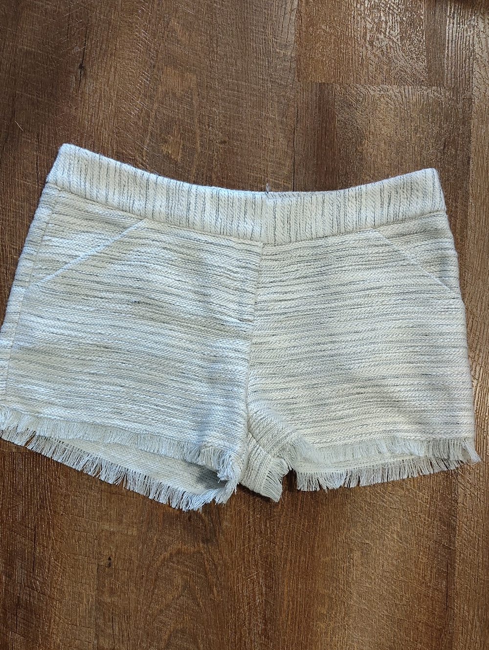DREW Ivory/Black Textured High-Waist Fringe Hem Shorts